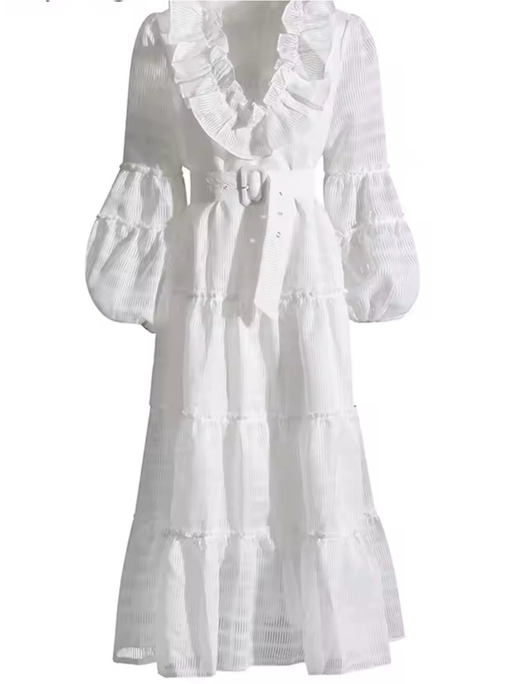 Nordstrom White Ruffled V-Neck Tiered Midi Dress with Self-Tie Belt